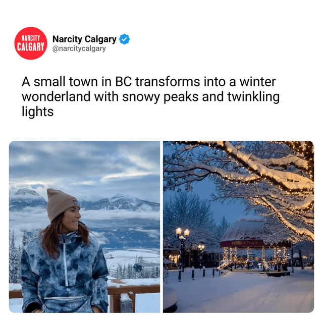 A small town in BC transforms into a winter wonderland with snowy peaks and twinkling lights