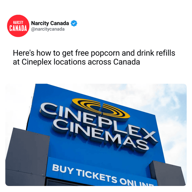 Here's how to get free popcorn and drink refills at Cineplex locations across Canada