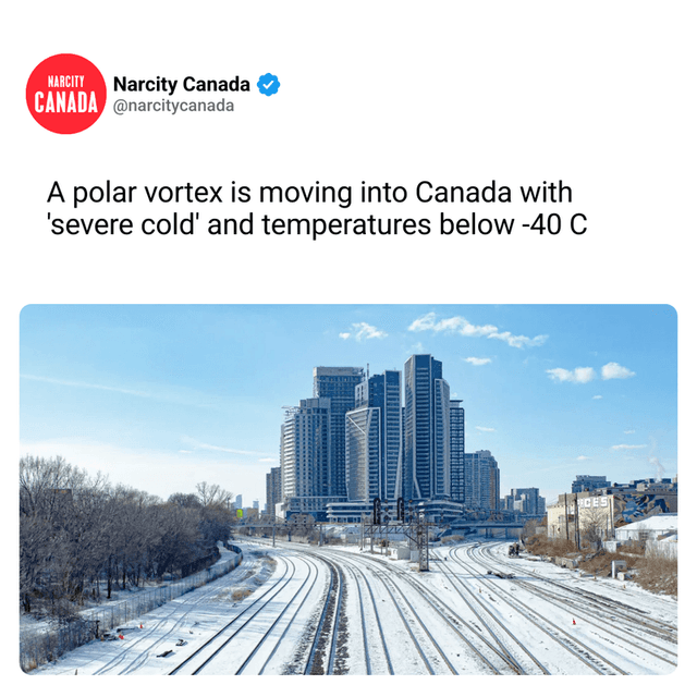 A polar vortex is moving into Canada with 'severe cold' and temperatures below -40 C