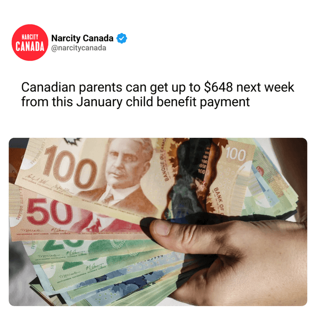 Canadian parents can get up to $648 next week from this January child benefit payment