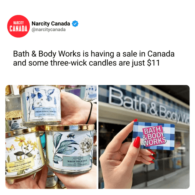 Bath & Body Works is having a sale in Canada and some three-wick candles are just $11