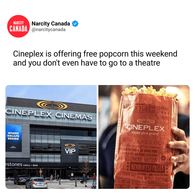 Cineplex is offering free popcorn this weekend and you don't even have to go to a theatre