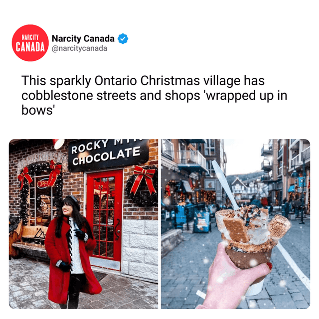 This sparkly Ontario Christmas village has cobblestone streets and shops 'wrapped up in bows'