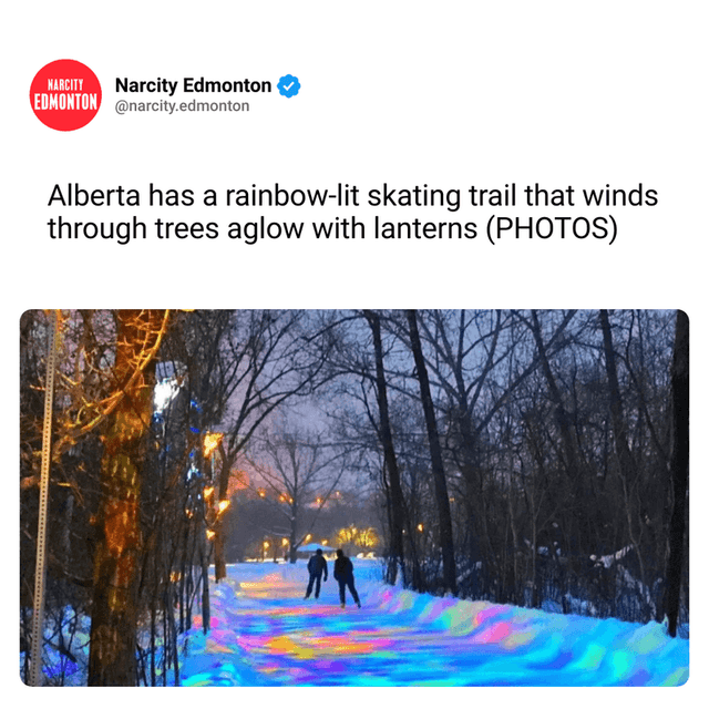 Alberta has a rainbow-lit skating trail that winds through trees aglow with lanterns (PHOTOS)