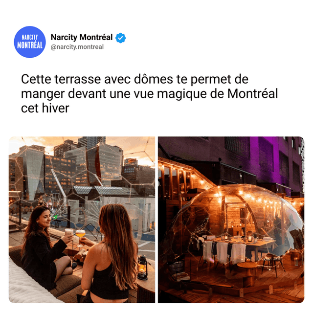 Cette terrasse avec dômes te permet de manger devant une vue magique de Montréal cet hiver