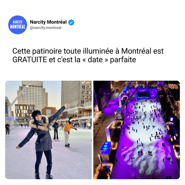 Cette patinoire toute illuminée à Montréal est GRATUITE et c'est la « date » parfaite