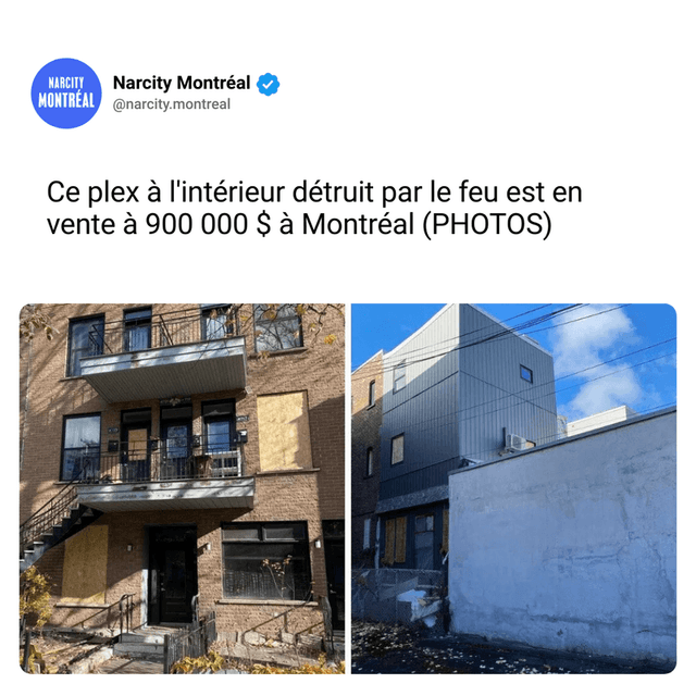 Ce plex à l'intérieur détruit par le feu est en vente à 900 000 $ à Montréal (PHOTOS)