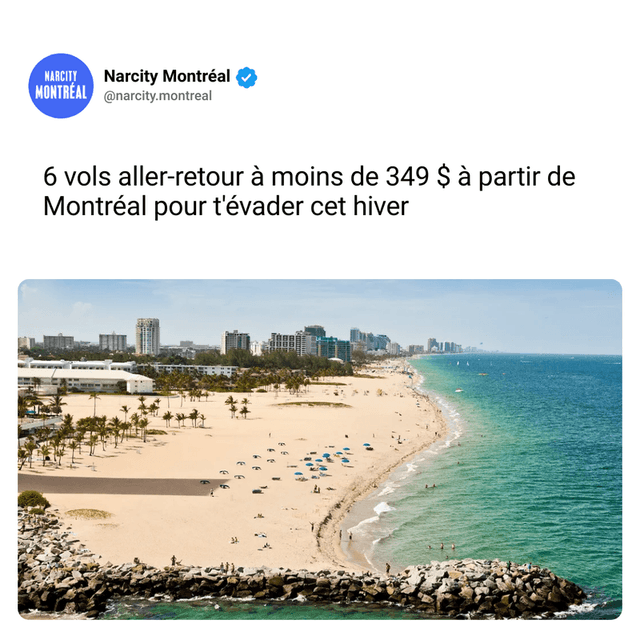 6 vols aller-retour à moins de 349 $ à partir de Montréal pour t'évader cet hiver