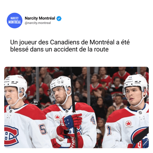 Un joueur des Canadiens de Montréal a été blessé dans un accident de la route