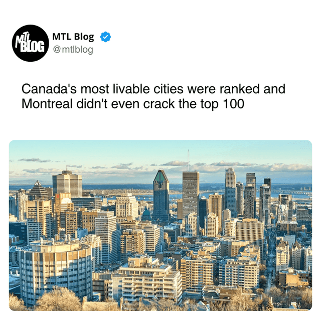 Canada's most livable cities were ranked and Montreal didn't even crack the top 100