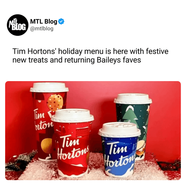 Tim Hortons' holiday menu is here with festive new treats and returning Baileys faves