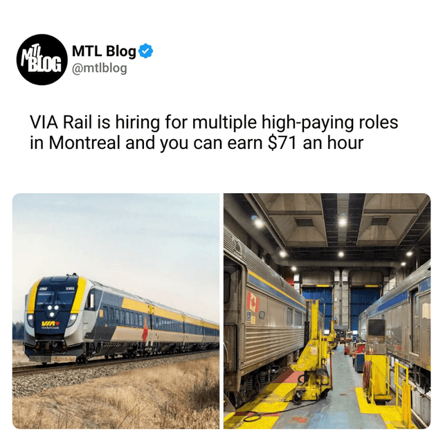 VIA Rail is hiring for multiple high-paying roles in Montreal and you can earn $71 an hour