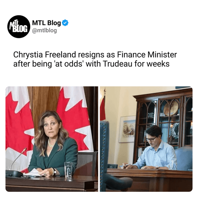 Chrystia Freeland resigns as Finance Minister after being 'at odds' with Trudeau for weeks