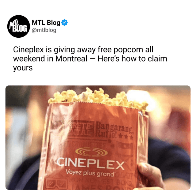 Cineplex is giving away free popcorn all weekend in Montreal — Here’s how to claim yours