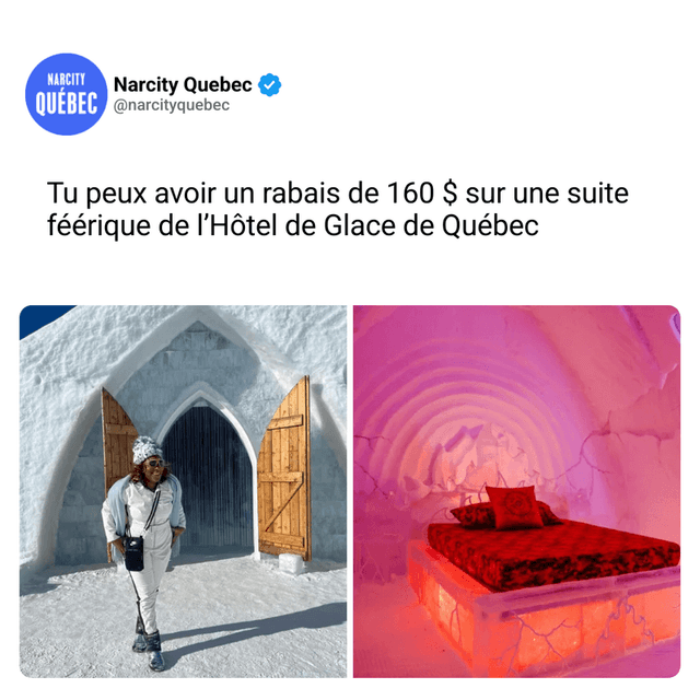 Tu peux avoir un rabais de 160 $ sur une suite féérique de l’Hôtel de Glace de Québec