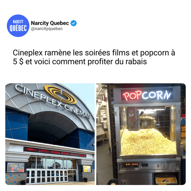 Cineplex ramène les soirées films et popcorn à 5 $ et voici comment profiter du rabais