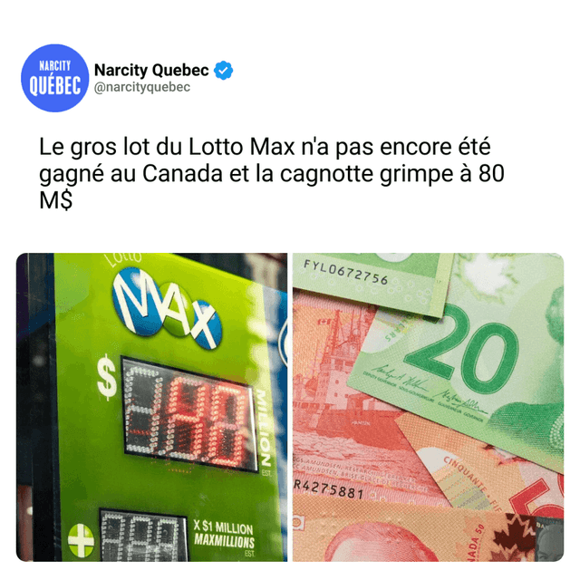 Le gros lot du Lotto Max n'a pas encore été gagné au Canada et la cagnotte grimpe à 80 M$