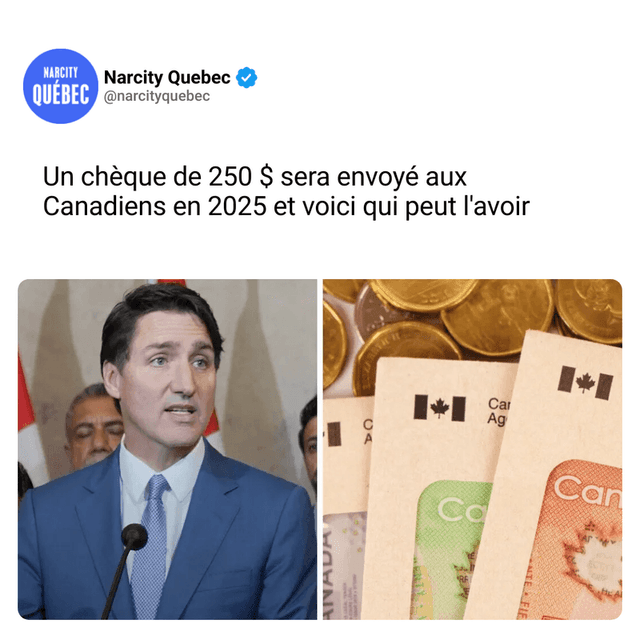 Un chèque de 250 $ sera envoyé aux Canadiens en 2025 et voici qui peut l'avoir