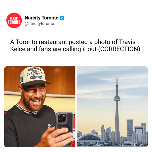 A Toronto restaurant posted a photo of Travis Kelce and fans are calling it out (CORRECTION)