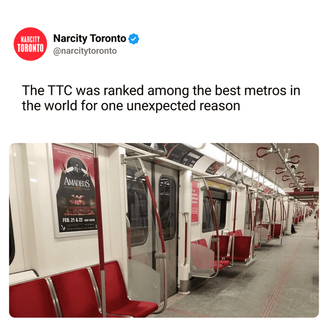 The TTC was ranked among the best metros in the world for one unexpected reason