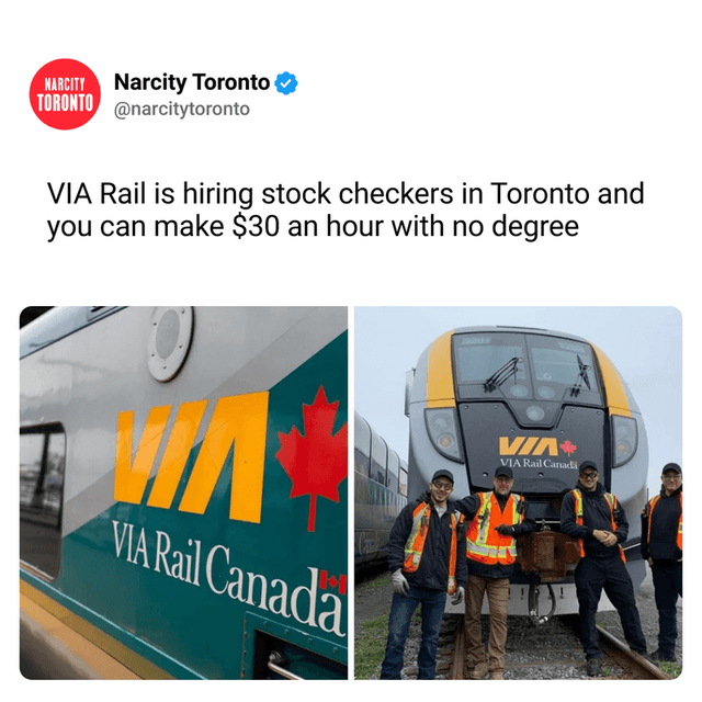 VIA Rail is hiring stock checkers in Toronto and you can make $30 an hour with no degree