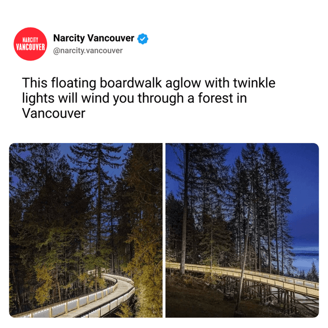 This floating boardwalk aglow with twinkle lights will wind you through a forest in Vancouver