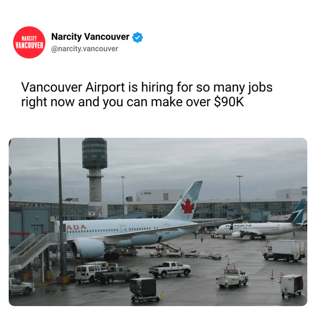 Vancouver Airport is hiring for so many jobs right now and you can make over $90K