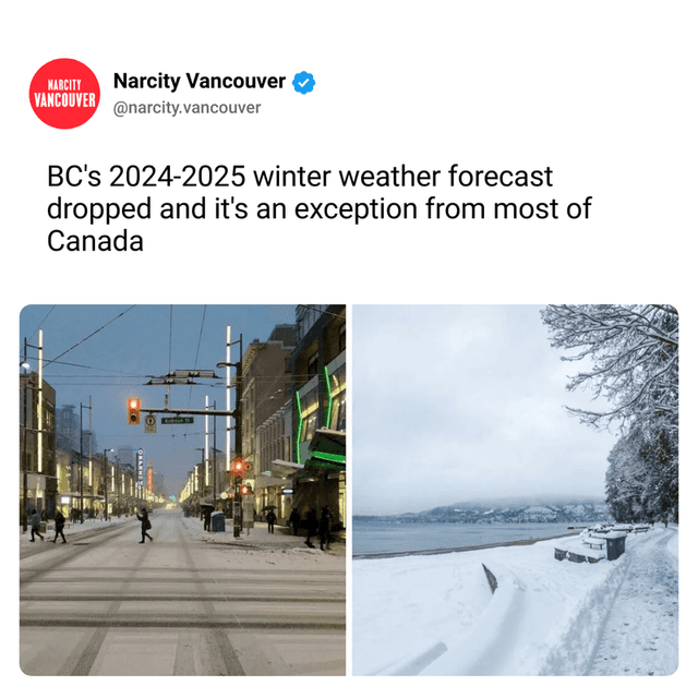 BC's 2024-2025 winter weather forecast dropped and it's an exception from most of Canada