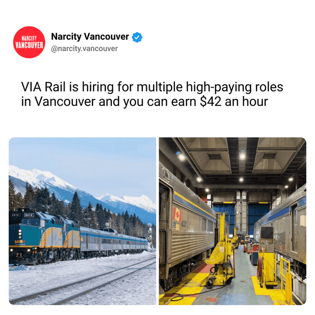 VIA Rail is hiring for multiple high-paying roles in Vancouver and you can earn $42 an hour