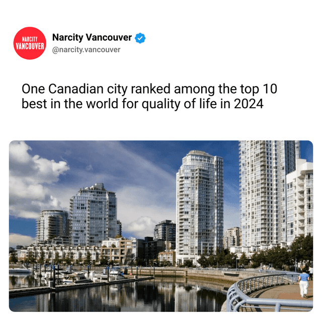 One Canadian city ranked among the top 10 best in the world for quality of life in 2024